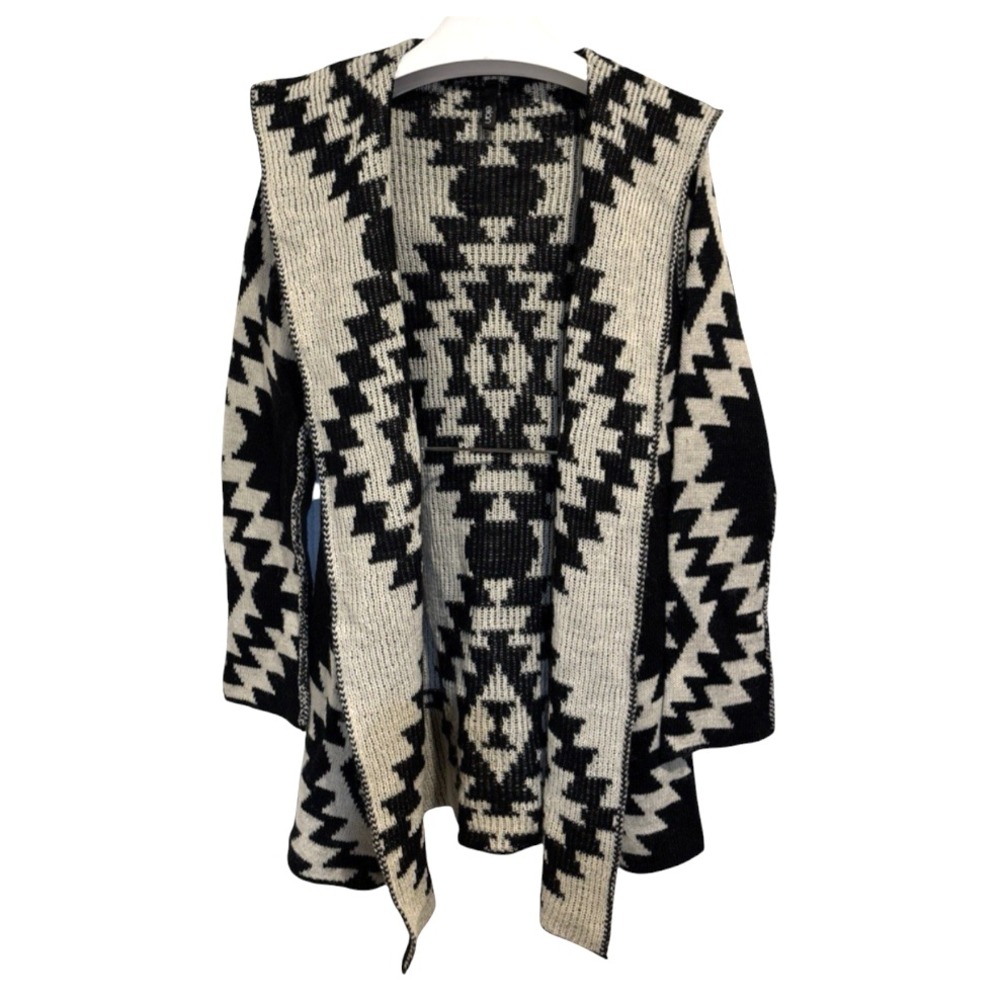 ELAN Super Soft OPEN SWEATER CARDIGAN HOODIE Brown/Cream Aztec Wool Blend SIZE S